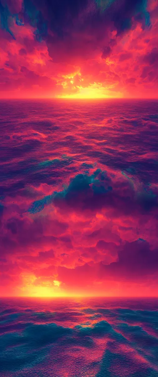 Image similar to a psychedelic sunset over the ocean hyper - realistic, hyper - detailed, high resolution, cinematic composition, octane render, photoreal, high detail, 8 k, artstation trending, photography, hyperrealistic, vray renderer, cgsociety