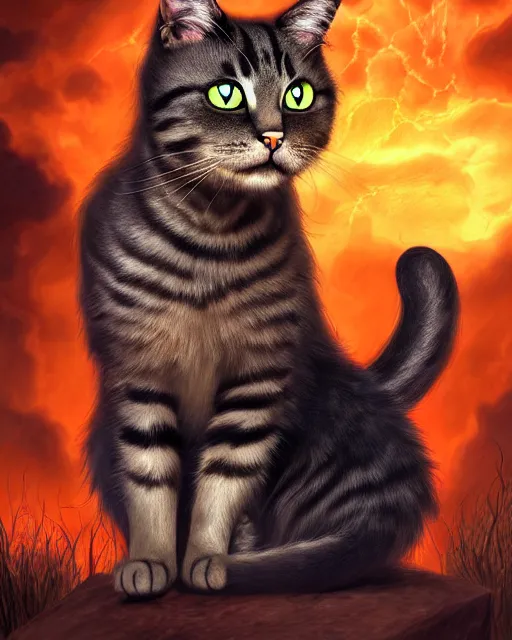 Prompt: a cat. a detailed portrait digital rococo painting of a beautiful cat wearing fantasy clothing. the cat has an, evil mood, hellish battlefield in the background, unreal engine, embers flying, hyper realism, realistic shading, cinematic composition, blender render, octane render, ultrawide shot