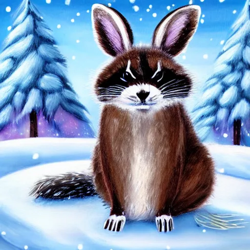 Prompt: cute fluffy hybrid animal cross between raccoon and lop eared bunny rabbit sitting in snowy winter landscape detailed painting 4 k