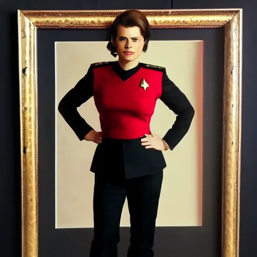 Image similar to a beautiful full body photograph of younger hayley atwell as a star fleet officer from star trek next generation, full dress uniform, symmetrical face, extreme realism and detail, 8 k, completely framed, direct lighting, 3 5 mm photo, photorealistic, sharp focus