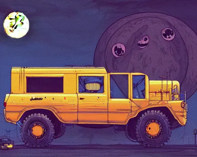 Prompt: a study of cell shaded cartoon huge truck limousine, in front of a big moon, illustration, wide shot, muted colors, post grunge, concept art by josan gonzales and wlop, david rubin, mike mignola, laurie greasley, highly detailed, sharp focus, trending on artstation, hq, deviantart, art by artgem