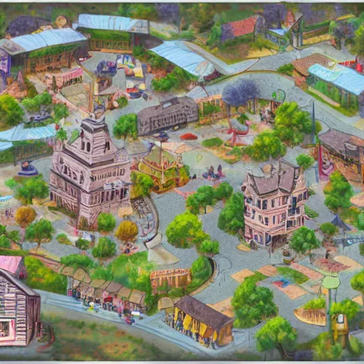 Image similar to a town map with town hall and playground pastel, artstation, concept art