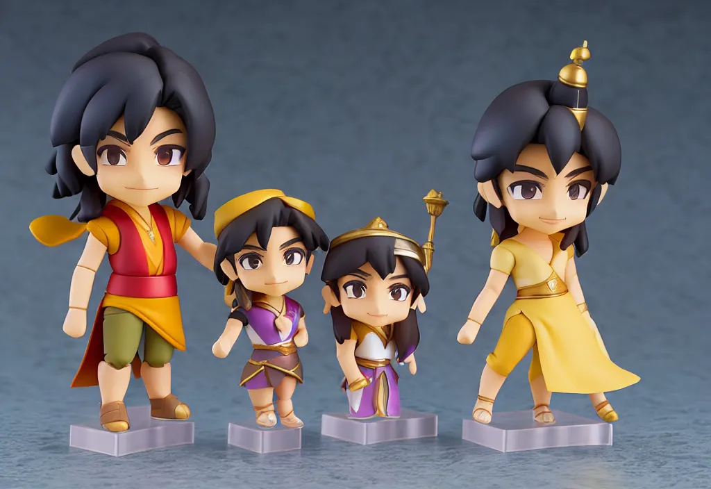 Prompt: side view of young aladdin, jaffar the sorcerer, jasmine the princess, and the genious of the lamp as nendoroid, 8 k hd dof, kodak film,