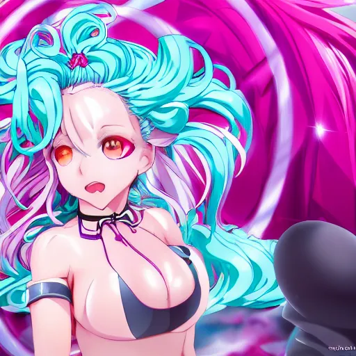 Image similar to stunningly beautiful omnipotent megalomaniacal anime goddess who looks like junko enoshima with porcelain skin, pink twintail hair and mesmerizing cyan eyes, symmetrical perfect face smiling in a twisted, mischievous, devious and haughty way while looking down upon the viewer, mid view, hyperdetailed, 2 d, 8 k