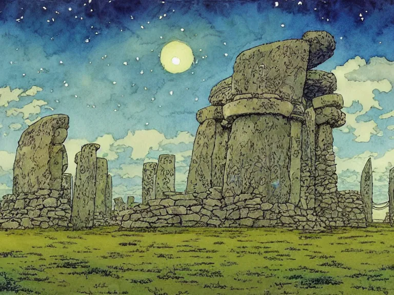 Image similar to hyperrealist studio ghibli watercolor fantasy concept art of an immense earthship solar home sitting on stonehenge like a stool. it is a misty starry night. by rebecca guay, michael kaluta, charles vess