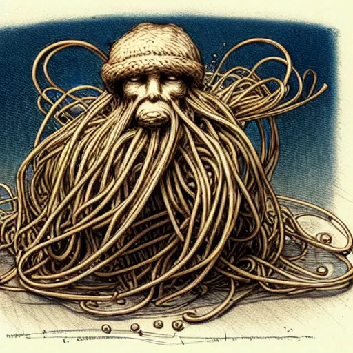 Image similar to design, human flying spaghetti monster, borders, lines, decorations, muted colors, by jean - baptiste monge