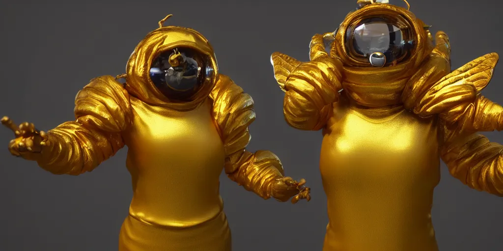 Prompt: a photo of 8k ultra realistic bee person wearing a golden crown, cinematic lighting, trending on artstation, 4k, hyperrealistic, focused, extreme details, unreal engine 5, cinematic, masterpiece