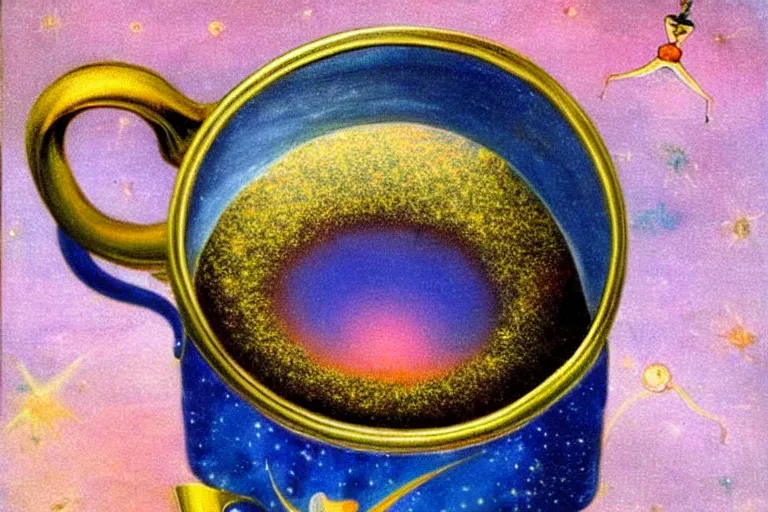 Prompt: painting of Starry cosmos trapped in vintage enameled cup of tea By Salvador Dali