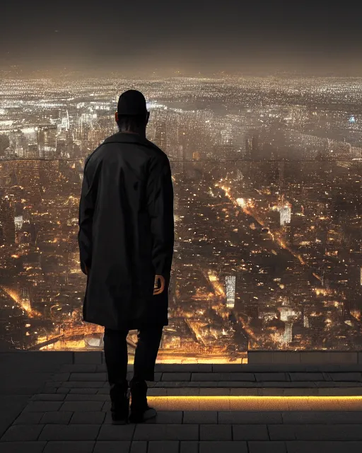 Image similar to a night rooftop scene, light from traffic in the city below, close up shot of a gangster wearing a streetwear trench coat looking at the city below, unreal engine, hyper realism, realistic shading, cinematic composition, realistic render, octane render, detailed textures, photorealistic