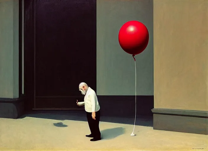 Image similar to aslouchy elegant old man with a black balloon stands at citroen ds 1 9 in grim rome, highly detailed, soft lighting, elegant, by edward hopper and james gilleard, zdzislaw beksinski, steven outram, highly detailed