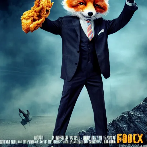 Prompt: hdr quality poster for an action movie fearing cool looking anthropomorphic male fox in suit, stealing lots of fried chicken, promotional media