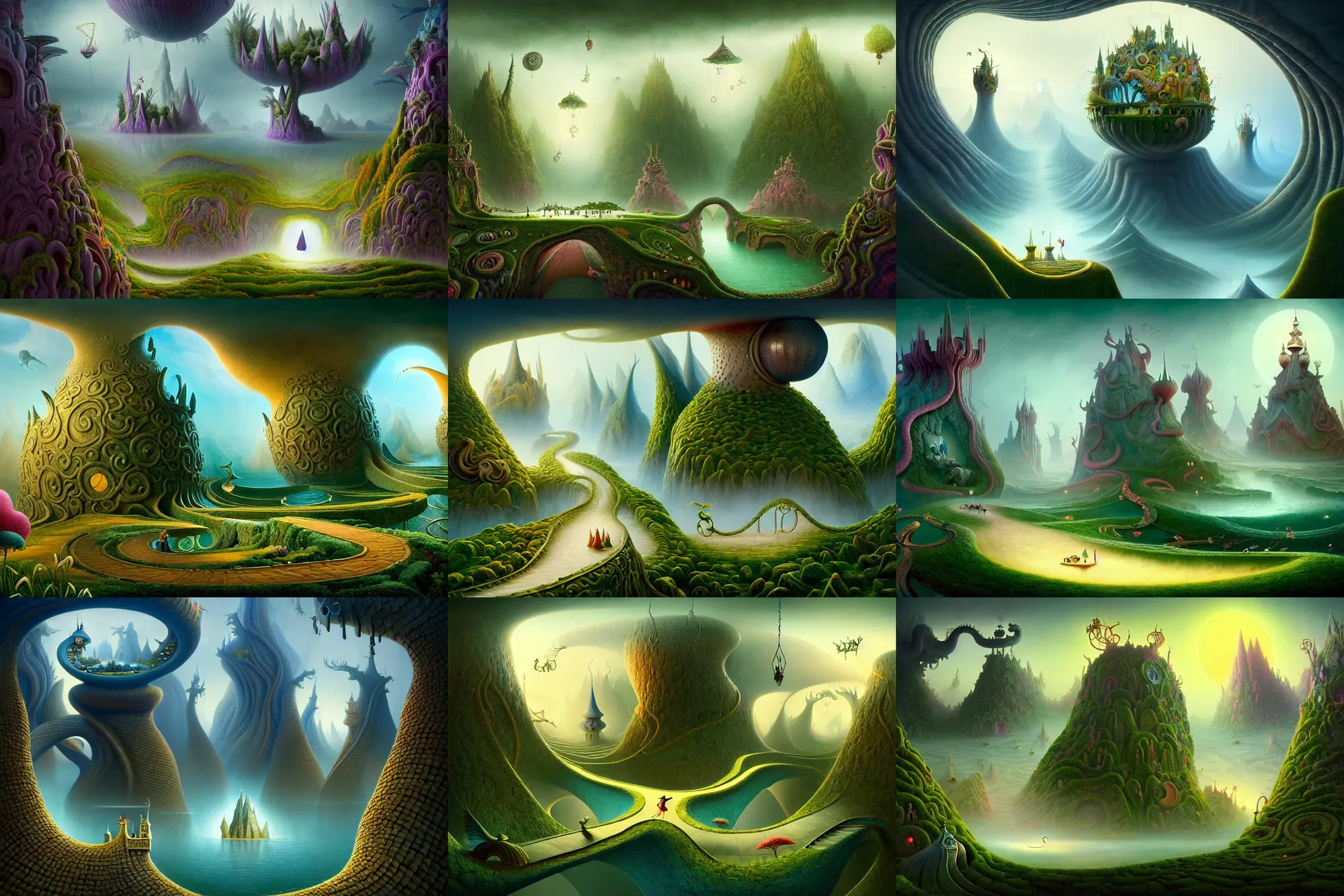 Prompt: a beguiling epic stunning beautiful and insanely detailed matte painting of the impossible winding path in a dream world with surreal architecture designed by Heironymous Bosch, dream world populated with mythical whimsical creatures, mega structures inspired by Heironymous Bosch's Garden of Earthly Delights, vast surreal landscape and horizon by Cyril Rolando and Tyler Edlin and Mike Azevedo, masterpiece!!!, grand!, imaginative!!!, whimsical!!, epic scale, intricate details, sense of awe, elite, wonder, insanely complex, masterful composition!!!, sharp focus, fantasy realism, dramatic lighting