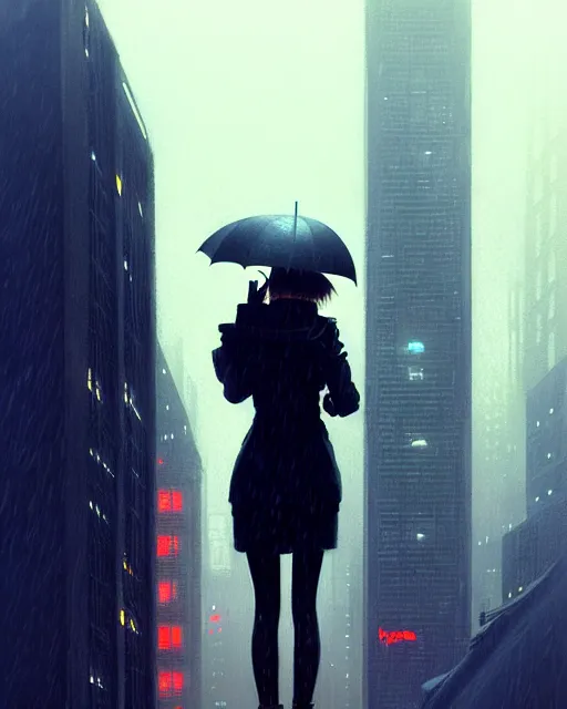 Prompt: blade runner, hyper - realistic portrait of a girl with umbrella, skyscrapers, real street, rain, cinematic, by atey ghailan, by greg rutkowski, by greg tocchini, by james gilleard, by joe fenton, by kaethe butcher, 8 k, very intricate, 8 0's, night