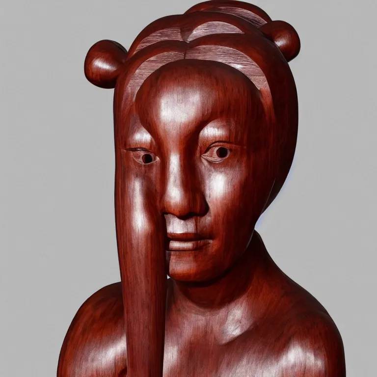 Prompt: public sculpture minimalist portrait of a powerful asian woman wearing pigtails, beautiful symmetrical face accurate face detailed face realistic proportions, carved out of mahogany wood on a pedestal by stephan balkenhol and martin puryear, hyperrealistic dramatic lighting shocking detail trending on artstation 8 k