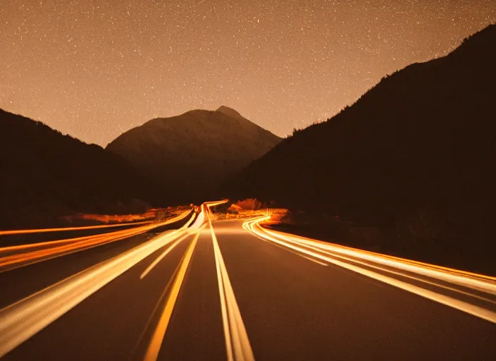 Prompt: a 2 8 mm macro photo of trailing streaked car lights on a winding mountain highway, long exposure at night, splash art, movie still, bokeh, canon 5 0 mm, cinematic lighting, dramatic, film, photography, golden hour, depth of field, award - winning, anamorphic lens flare, 8 k, hyper detailed, 3 5 mm film grain, hazy