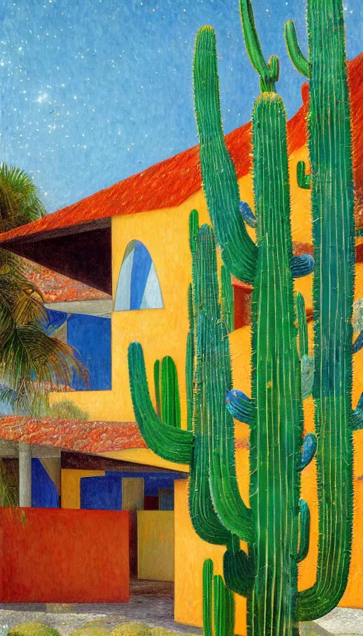 Prompt: a 1 9 9 8 brazilian nordeste house designed by arthur bispo do rosario, jules bastien - lepage, tarsila do amaral, frank weston and gustave baumann, trending on artstation, mediterranean, star, sharp focus, colorful refracted sparkles and lines, soft light, cactus, 8 k