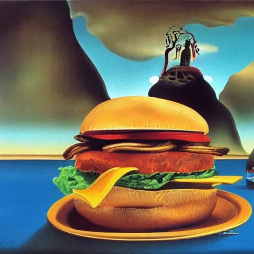 Prompt: Burger covered, surrealistic painting by Salvador Dali