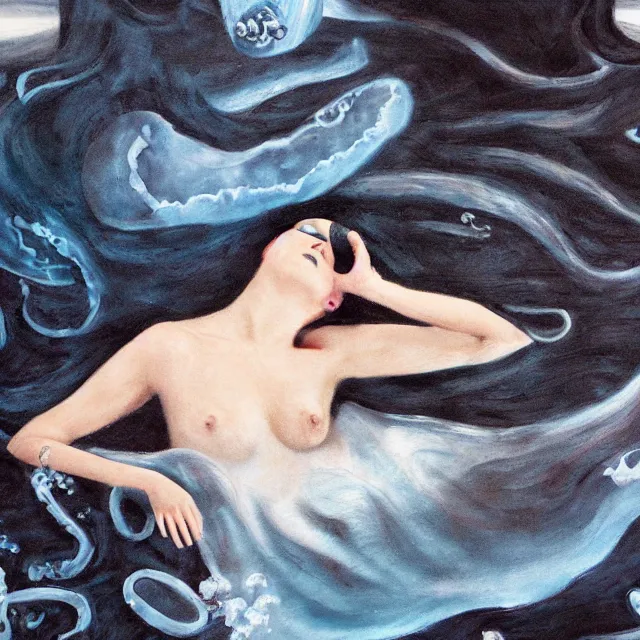 Image similar to a female art student falling asleep, misty, iceberg, black paint, dark, sensual, dreamy, waves, swirls, blue drips, squashed berries, octopus, neo - impressionist, surrealism