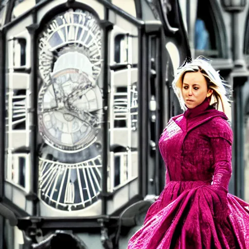 Image similar to A detailed film still of Kaley Cuoco under the Eastgate clock in Chester. Behind her we see a black panther. 70mm