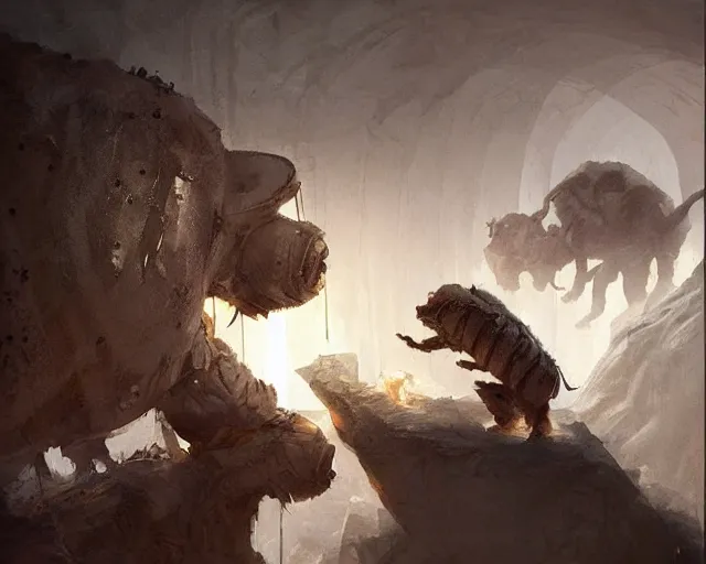 Prompt: a tardigrade!!! in a luxury hotel! suite room in the style of prehistoric! iceage, art by greg rutkowski and artgerma, stunning! concept art, interior! design