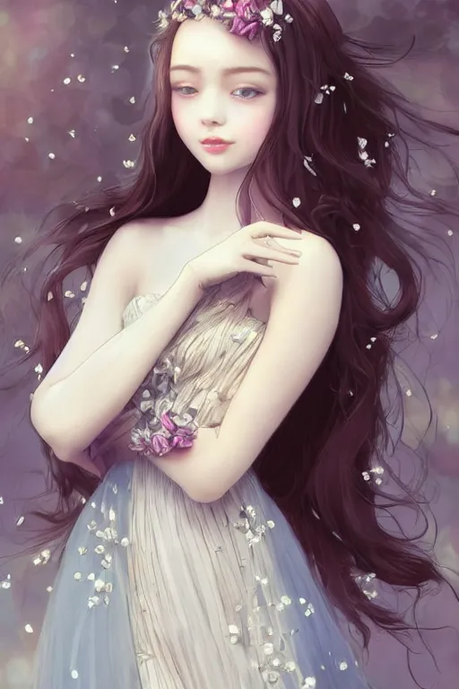Prompt: romantic and fashion and love princess of the flower with sheath dress, 8 k realistic, teenager girl, baroque, symmetrical, flowing hair, smile, trending pinterest and pixiv, muted colors, hyperrealistic, l close up shot, character concept art, face by kyoung hwan kim, alexandra fomina, ilya kuvshinov