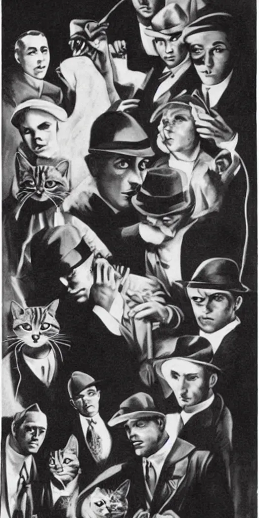 Prompt: 1 9 3 0's gangster movie starring cats as the gangsters