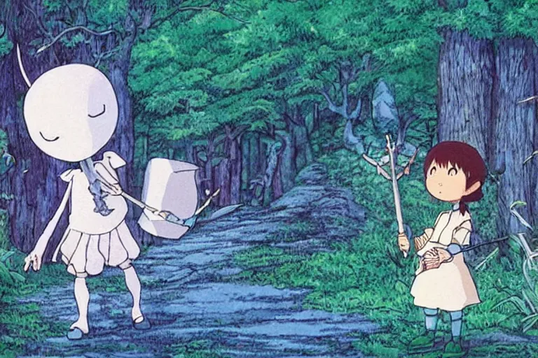 Image similar to chihiro ogino meets skelethor in an enchanted forest, studio ghibli