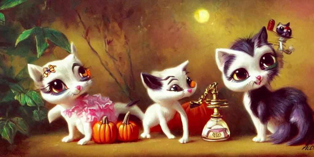 Image similar to 3 d littlest pet shop animal, vintage royalty, antique perfume, playful, halloween, night, master painter and art style of noel coypel, art of emile eisman - semenowsky, art of edouard bisson