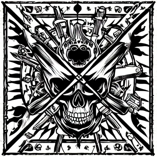 Prompt: a pirate flag, skull design for a rock band, art by Dan Mumford and artgerm, intricate, D&D, dark fantasy