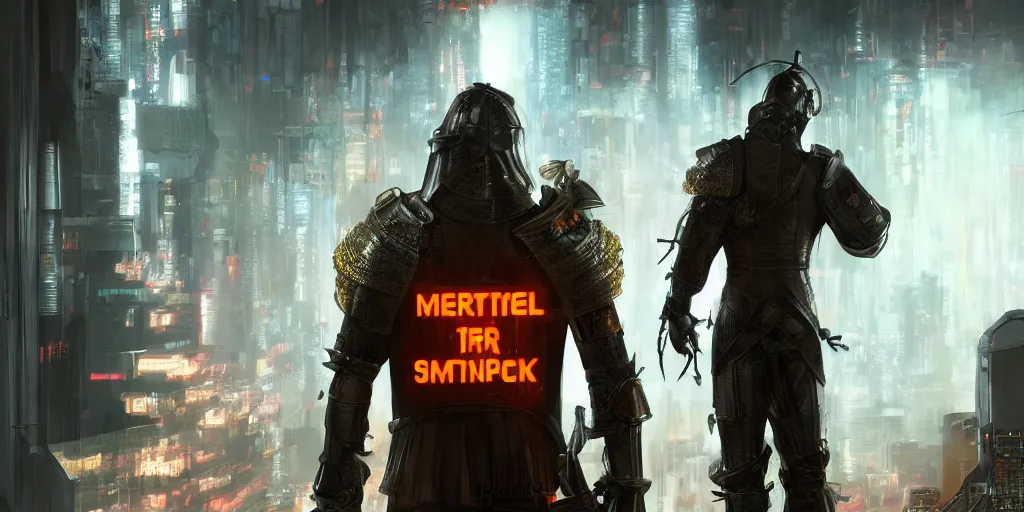 Image similar to A blonde medieval soldier seen from the back standing in front of a cyberpunk dystopian office with matrix style falling orange text in the background, cyberpunk, artstation