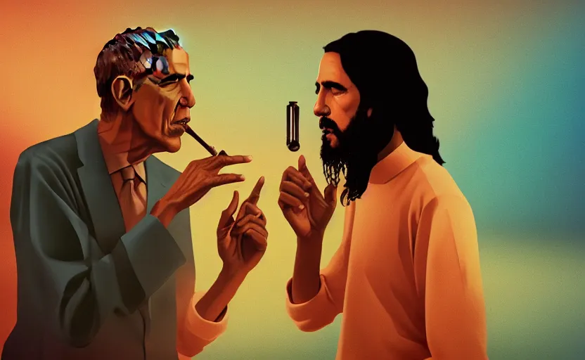 Prompt: Obama and Jesus smoking out by Beeple; ultra-realistic depth shading; 4K; 8K