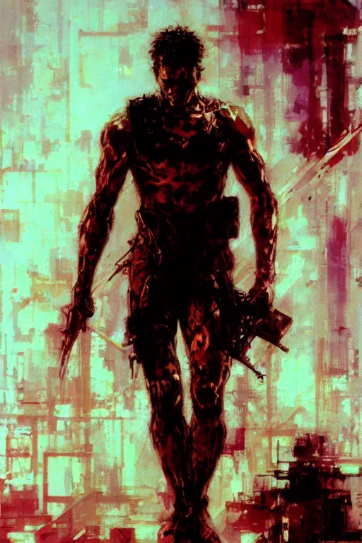 Prompt: synthwave, attractive male, painting by edwin longsden long, yoji shinkawa, craig mullins