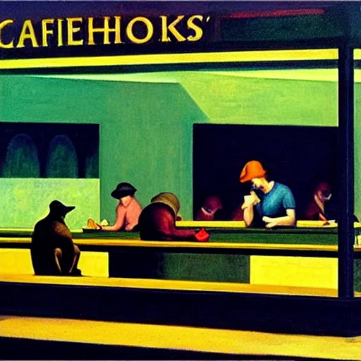 Prompt: “ nighthawks by edward hopper, but with dogs in the cafe.