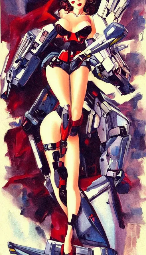 Prompt: full body cyberpunk beautiful woman, on a gundam, in the style of a 1 9 4 0 s oil painted pin - up
