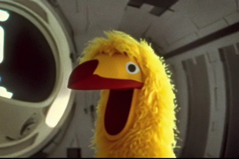 Image similar to 70mm still of Big Bird in 2001 A Space Odyssey, high quality