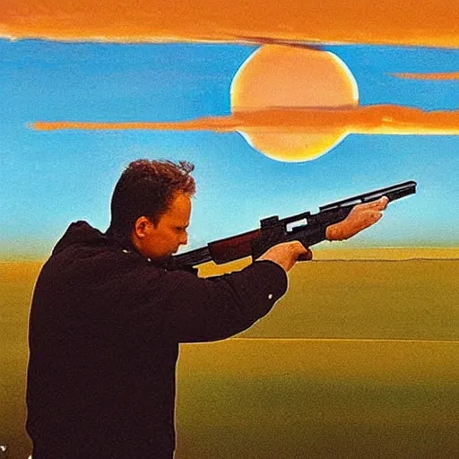 Image similar to a man with a pistol, shooting the sun out of the sky, surreal