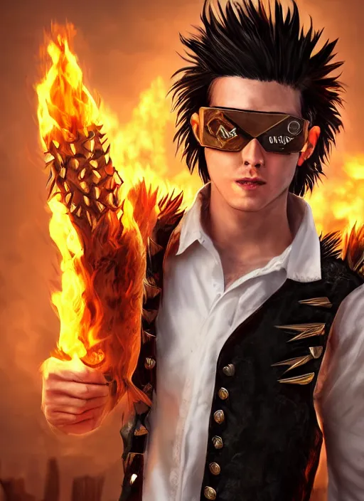 Image similar to An epic fantasy comic book style portrait painting of young man with long red spiked hair. Wearing a black waistcoat, white shirt, using googles. Rockstar. Blasting fire on his hands. Unreal 5, DAZ, hyperrealistic, octane render, cosplay, RPG portrait, dynamic lighting