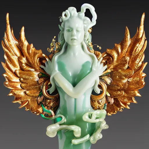 Image similar to a closeup photo, rococo alabaster and jade real delicate ceramic porcelain sculpture of an ornate detailed phoenix goddess in front of an intricate background by rafael, micro detail, backlit lighting, subsurface scattering, translucent, thin porcelain, emerald, jade, octane renderer, colorful, physically based rendering, trending on cgsociety