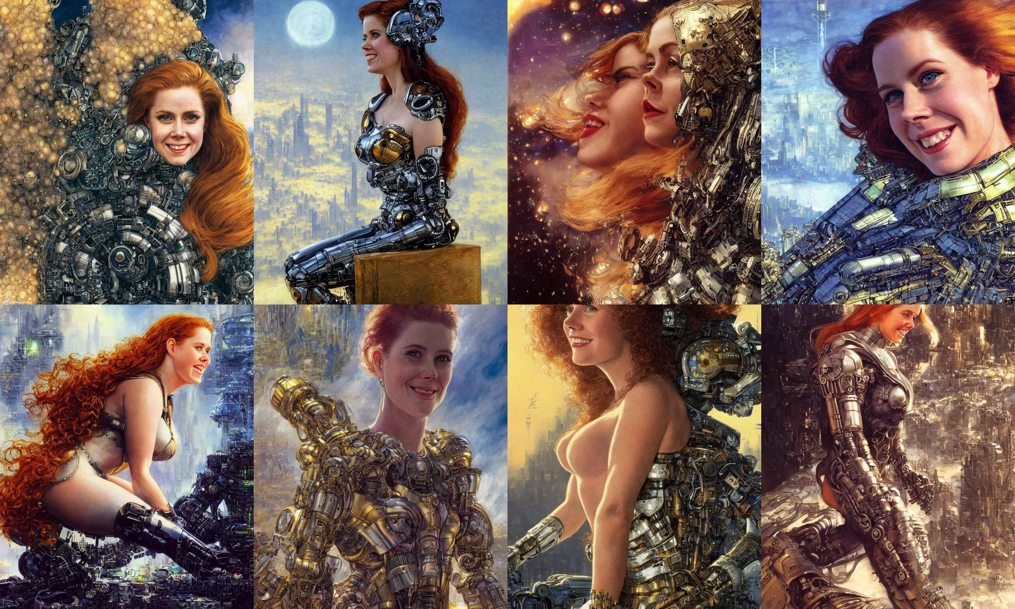 Image similar to close - up portrait of epic young amy adams smiling into camera, intricate cyborg armor, sitting on a bench, vista of futuristic city, windy, golden hour, wlop, by gerald brom, by mikhail vrubel, by peter elson, extreme detail, trending on artstation