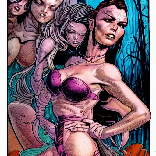 Prompt: precisely drawn illustration of woman with four merged bodies, wide angle, sharp, fine details, french comic style, vibrant realistic colors, full color, heroic fantasy, intense line art, 8 k, precise linework, realistic, in the style of heavy metal comics and richard corben and moebius