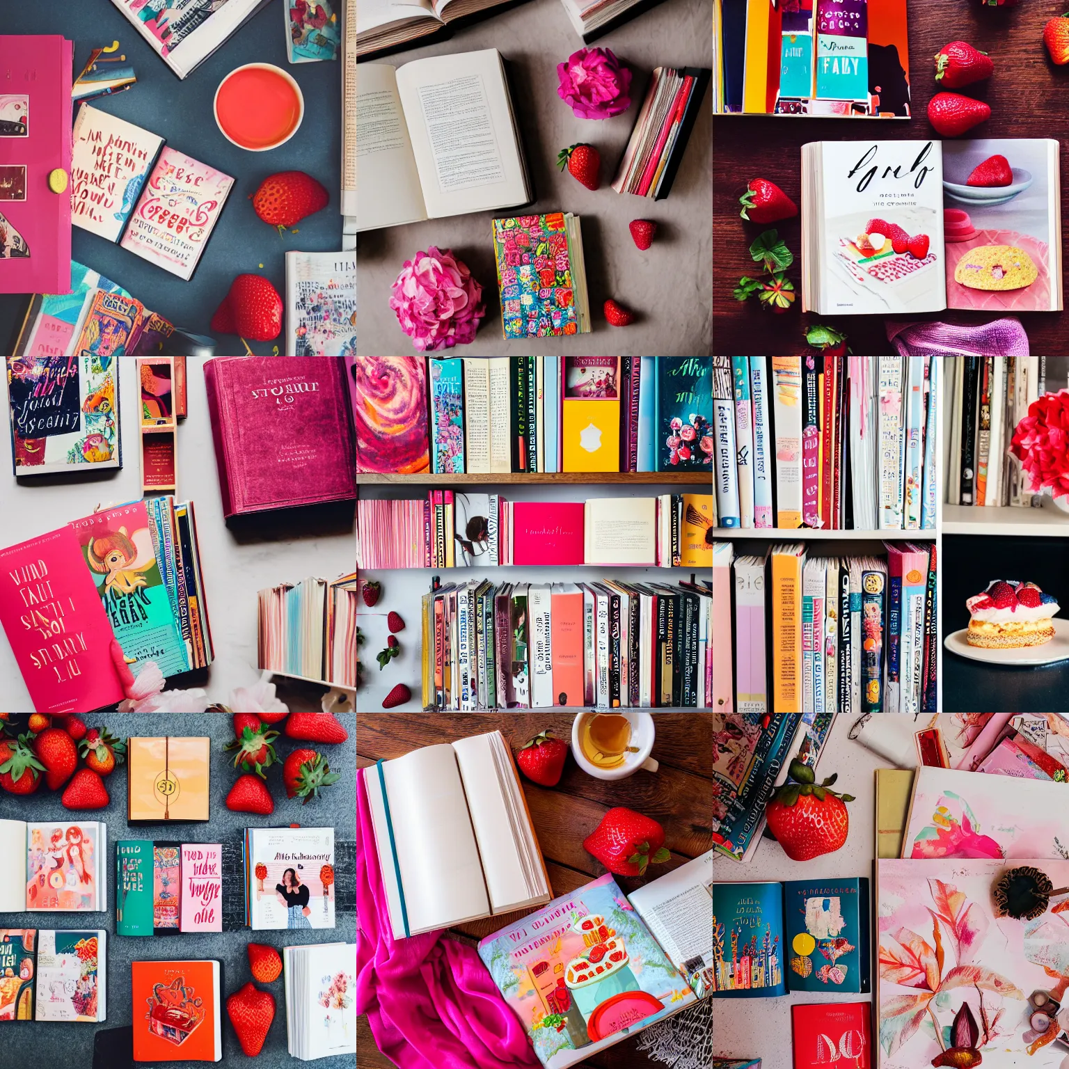 Prompt: flatlay book collection, vivid colors, dramatic lighting, strawberry shortcake