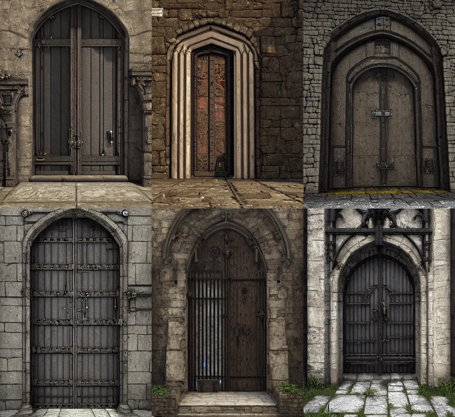 Prompt: broad medieval door with black steel bars and black knobs, unreal engine, greg rutkowski, detailed and intricate environment