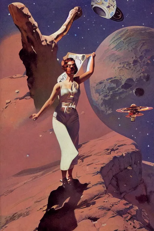 Image similar to 5 0 s pulp scifi fantasy illustration full body portrait slim woman on rocky mars, background of spaceship space nebula, by norman rockwell, roberto ferri, daniel gerhartz, edd cartier, jack kirby, howard v brown, ruan jia, tom lovell, frank r paul, jacob collins, dean cornwell, astounding stories, amazing, fantasy, other worlds