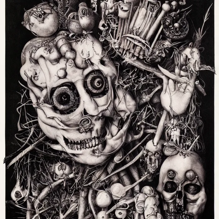 Image similar to post - punk new age album cover, asymmetrical design, magic, apocalypse, psychedelic, highly detailed, black white pink, magic, giger h. r., giuseppe arcimboldo