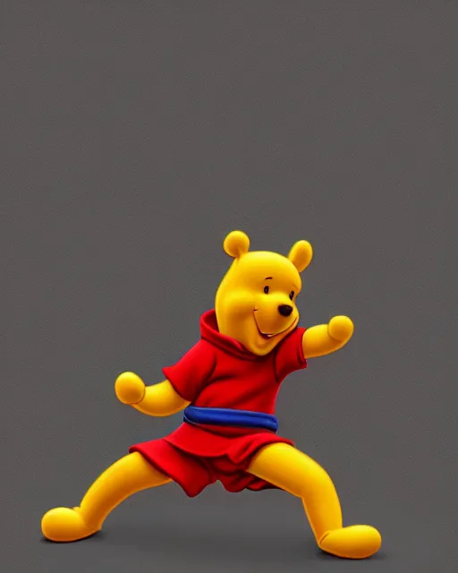 Image similar to Winnie the Pooh practicing karate at the Shaolin temple, photorealistic, studio lighting, photographed in the style of Annie Leibovitz, photorealistic, trending on artstation