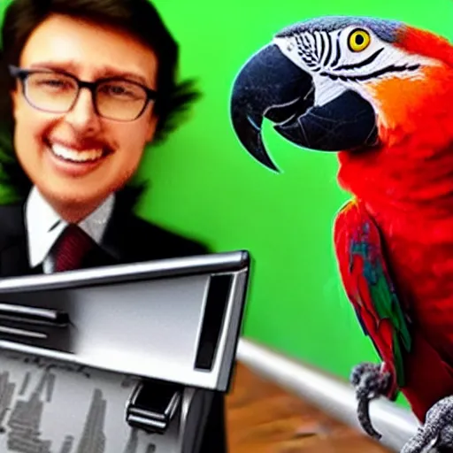 Image similar to a parrot dressed as a reporter reporting the news on tv