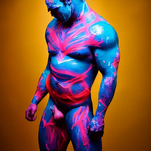 Image similar to extremely muscular man with effonate face and intricate fluorescent body paint, studio portrait photography, Portra 800