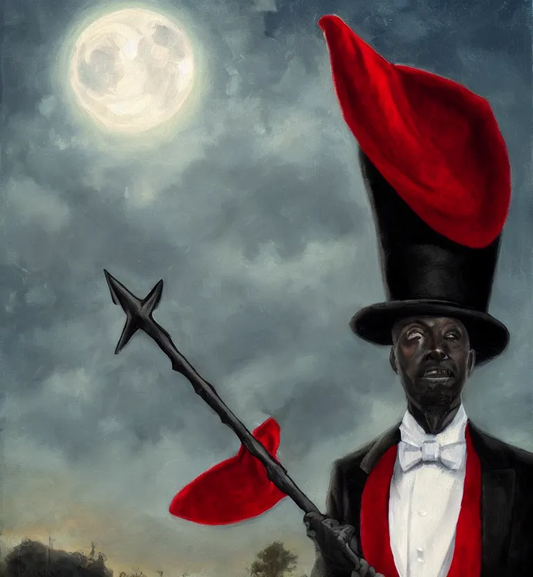 Prompt: a realistic oil painting of a black man in a cemetery at night wearing a top hat that hides his face and a black and red cape while holding a trident, digital art, realistic, detailed, moonlight.