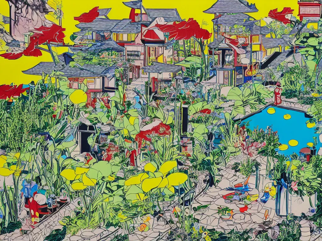 Image similar to close - up image of a house with a garden, a pond in the garden, startroopers are sitting around it, a combination of pop art and traditional japanese painting styles, the style of andy warhol, roy lichtenstein and jackie tsai, bright palette, acrylic on canvas