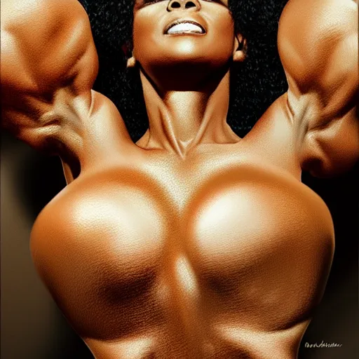 Image similar to Diana ross with the physique of a body builder, hyper realistic and ultra detailed face, cinematic, dynamic lighting, photorealistic, refined, intricate, digital art, digital painting, masterpiece, 8k